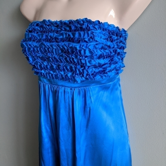💋 Vintage BETSEY JOHNSON blue frilly babydoll strapless dress xs 0 satin - Picture 4 of 9
